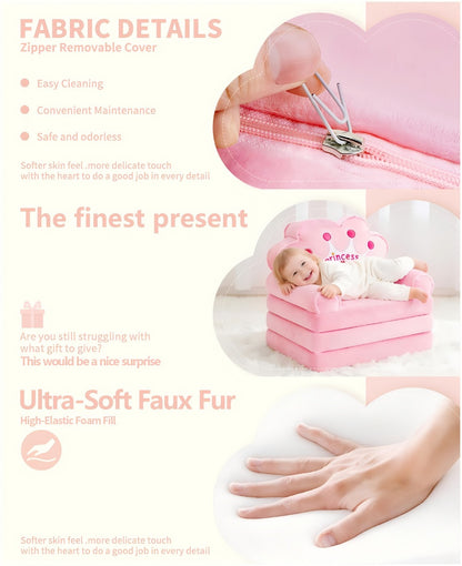 2-in-1 Kids Sofa Lounger with Pillow and Armrests Foldable Toddler Couch Memory Foam Plush Machine Washable Cover Kids Room Seating Pink Purple Blue Holiday Gift