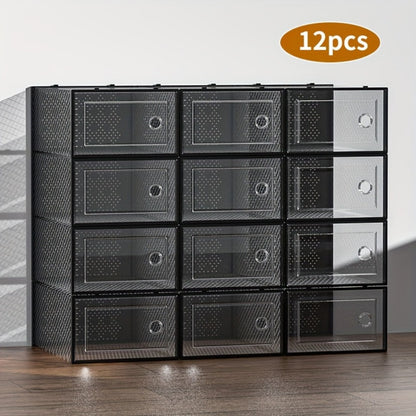Clear Stackable Shoe Boxes with Lids 6, 12 or 24 Pack, Plastic Shoe Storage Organizer for Closet Sneaker Display, Modular Space Saving Shoe Containers, Black White