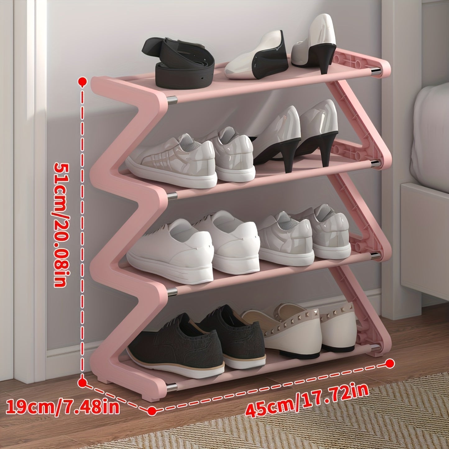 4-Tier Z-Shaped Shoe Rack, Durable Plastic Independent Storage Boxes, Curved Design, Multi-Function Storage Rack, Easy Assembly Freestanding Shoe Rack, No Tools Required, Compact Design, Suitable for Living Room Or Dorm, Stackable And Space-Saving