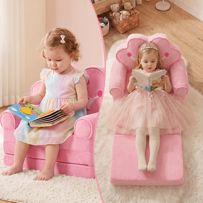 Kids Sofa Princess Crown Pink - 2-in-1 Flip Open Kids Couch & Lounger | Machine Washable Plush Cover & Certified Safe Foam | Dreamy Reading Nook Chair For Girls