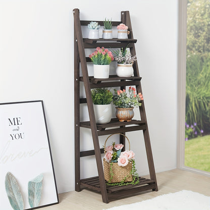 A Sturdy Wooden Plant Display Stand with Four Levels, Perfect for Organizing Your Garden, Patio, Balcony, Or Living Room Corner