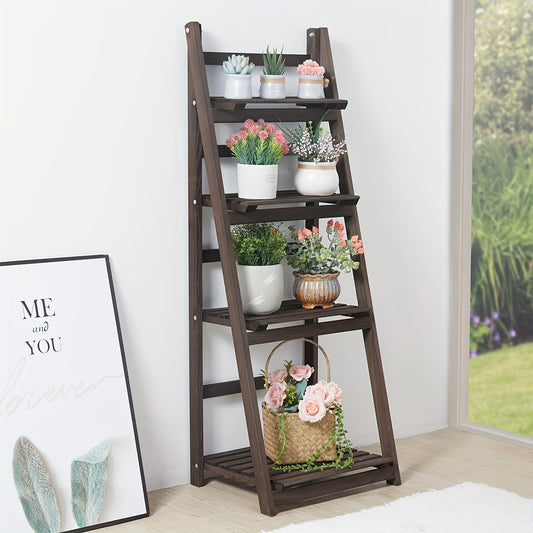 A Sturdy Wooden Plant Display Stand with Four Levels, Perfect for Organizing Your Garden, Patio, Balcony, Or Living Room Corner