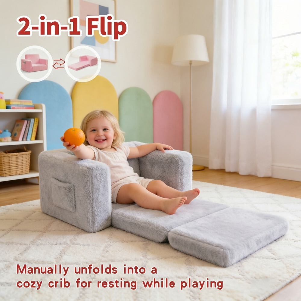 Kids Sofa 2-in-1 Convertible to Recliner Chair - Soft Plush Gray/Pink/White Youngsters Lounge Chair with Storage Pocket, Cozy Folding Playroom Furniture for Boys And Girls, Youngsters Playroom Furniture Pocketed Armrests | Velvet Upholstery, Chair