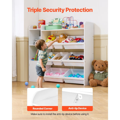 VEVOR 4-Tier Kids Toy Storage and Bookshelf with 8 Flexible Plastic Bins White 44-48inch/54-58inch