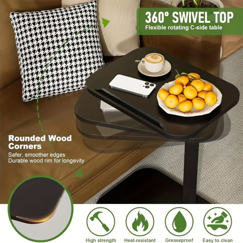 C-Shaped Side Table Adjustable Height 360° Rotating Sofa End Table, TV Tray Laptop Desk Nightstand for Bedroom Living Room Small Spaces, Black & Coffee Brown