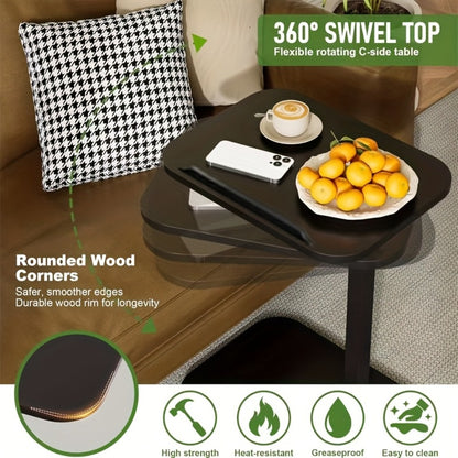 C-Shaped Side Table Adjustable Height 360° Rotating Sofa End Table, TV Tray Laptop Desk Nightstand for Bedroom Living Room Small Spaces, Black & Coffee Brown