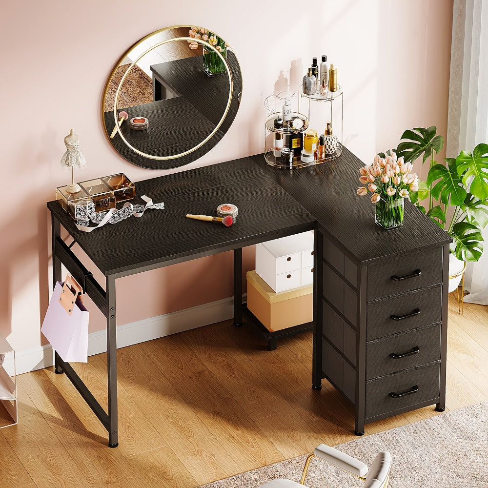 L Shaped Desk with 4 Drawers & Hook – Reversible White Corner Computer Desk with Storage, Study Vanity Table for Home Office Bedroom, 40" & 48" Small Space