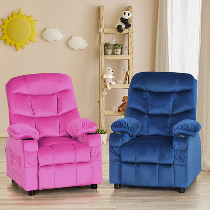 Girls' Pink Velvet Recliner Chair with Cup Holder & Storage Pocket - Heavy-Duty 300lb Capacity, Ergonomic Backrest & Armrests, Manual Recliner with Safety Belt - Modern Soft Cushioned Lounge Chair for Kids & Teens, Easy Assembly, Ideal for Bedroom, Living