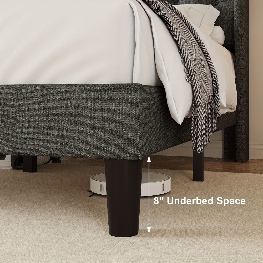 Modern Platform Bed Frame with 24-Inch Button-Tufted Headboard – Solid Wood Slats, Artistic Legs, Linen & Velvet, Dark Gray Light Grey Beige White Black, Full Queen King