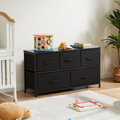 5-Drawer Dresser with Fabric Drawers & Cabinet Suitable for Bedroom, Room with Plastic Frame & Top, Low Chest Organizer Unit with Removable Bins, Space-Saving Furniture for Closet,, Hallway, Assembly