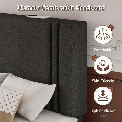 Platform Bed Frame with 21 Inch Soft Padded Headboard Striped or Button Tufted Solid Wood Slats Art Legs Twin Full Queen Black Linen Dark Grey White Velvet