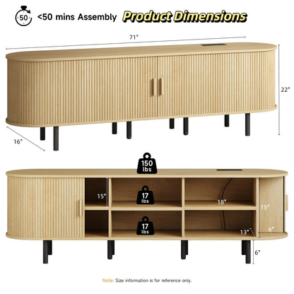 PAZCASA 70.8 Inch/55 Inch TV Stand with Power Outlet for Tvs Up to 75 Inch, Entertainment Center with Storage And Adjustable Shelves, Modern Media Console with Sliding Doors for Living Room, Walnut/Black/Oak