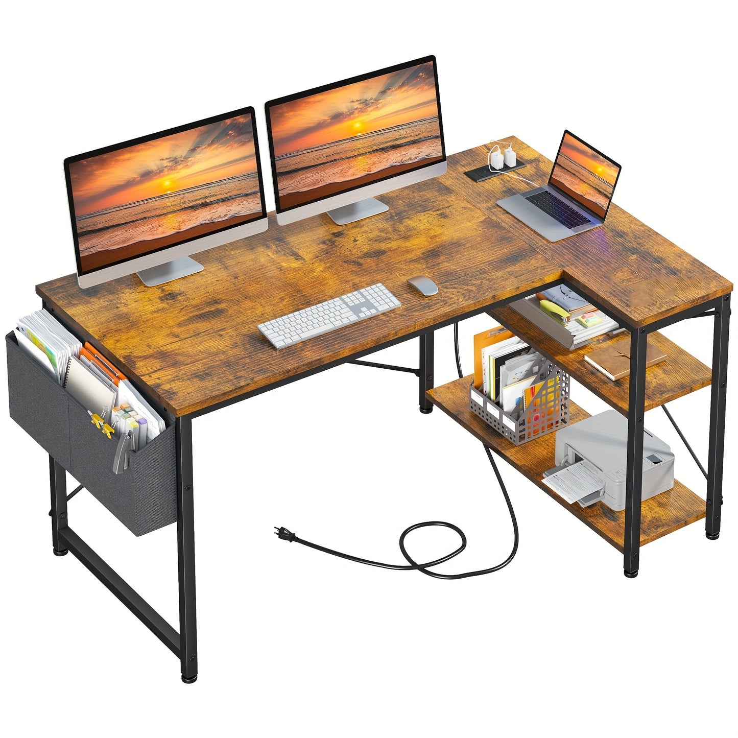 L Shaped Computer Desk with Power Outlets, Computer Desk with Storage Shelves, Home Office Corner Desk for Work, Writing Study Desk with Gaming Desk for Bedroom Office Dorm, L Shaped Desk, Desk, Desk, Computer Desk, Desk Gaming