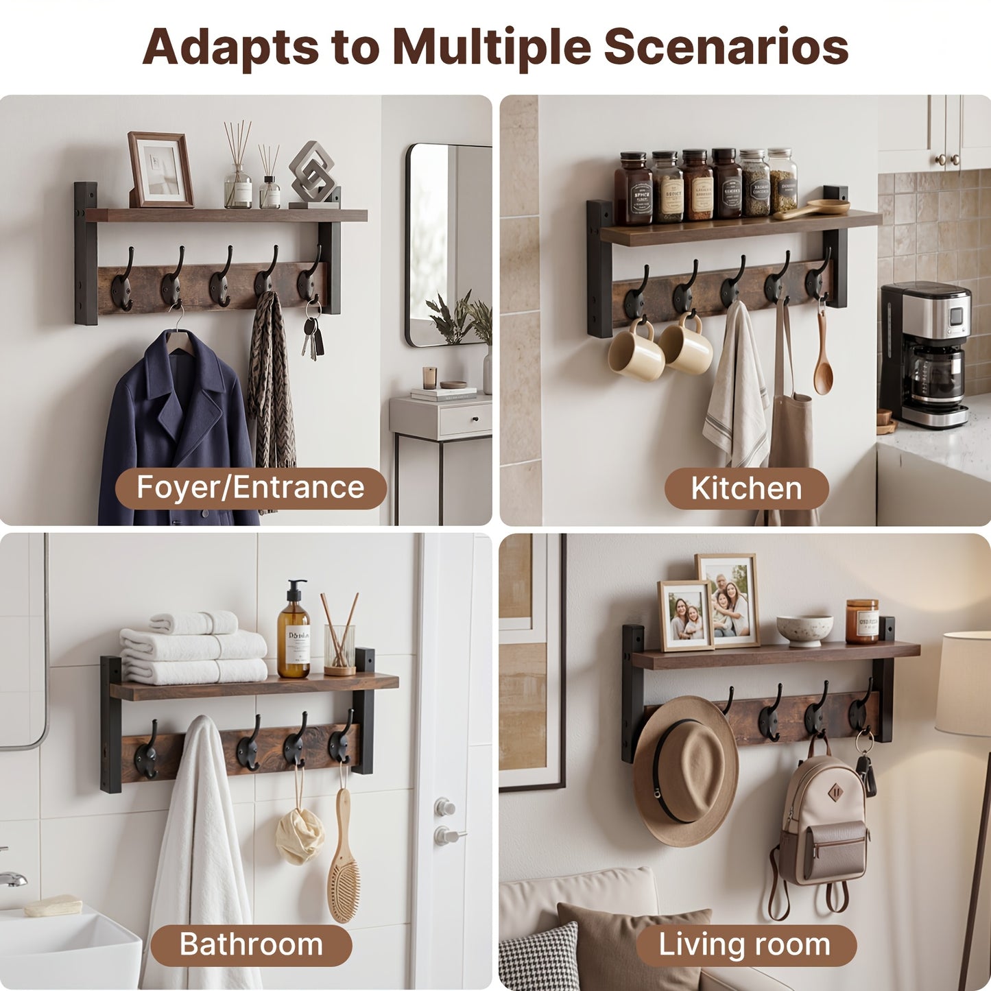 Heavy Duty Industrial Metal Wall-Mounted Coat Rack with Shelf & Hooks - Rustproof Entryway Organizer with Multi-Tier Storage, Space-Saving Design for Hallway, Porch, Mudroom - Sturdy Hardwood/Metal Construction, No Assembly Required