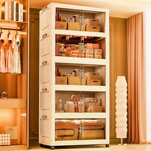 [Mother's Day Gift] 29-Gallon Storage Cabinet, 3/4/5 Layer Foldable Plastic Drawers With Wheels, Transparent Stackable Organizer Box, Suitable For Bedroom, Living Room, Mother's Day Gift