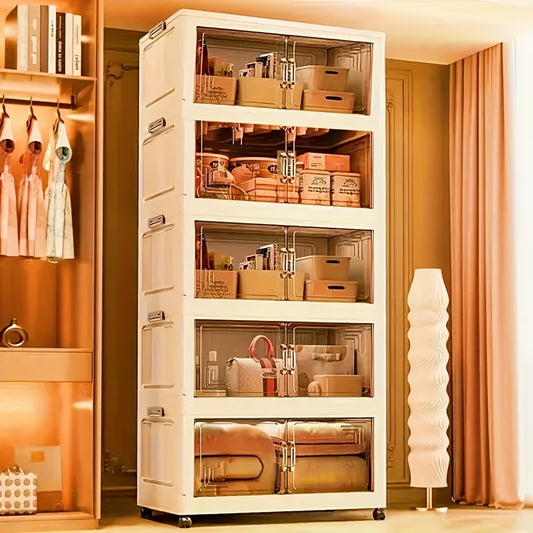 [Mother's Day Gift] 29-Gallon Storage Cabinet, 3/4/5 Layer Foldable Plastic Drawers With Wheels, Transparent Stackable Organizer Box, Suitable For Bedroom, Living Room, Mother's Day Gift