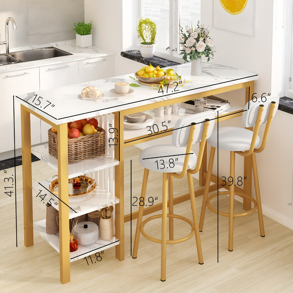 3-Piece Counter Height Dining Table Set with Faux Leather Bar Stools & Storage Shelves - Modern Farmhouse Breakfast Nook Set for Small Spaces, MDF Top & Metal Frame