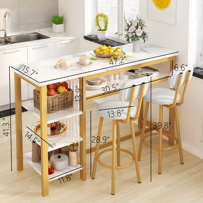 3-Piece Counter Height Dining Table Set with Faux Leather Bar Stools & Storage Shelves - Modern Farmhouse Breakfast Nook Set for Small Spaces, MDF Top & Metal Frame