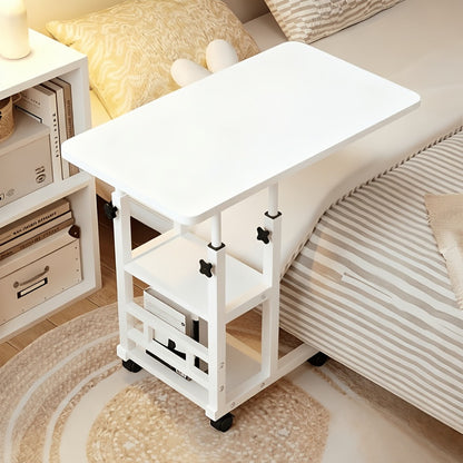 Over-Bed Table with 2-Tier Storage Rack Rolling Mobile Bedside Table for Sofa Bed Laptop Snacks Metal Frame Smooth Wheels Space-Saving Nightstand