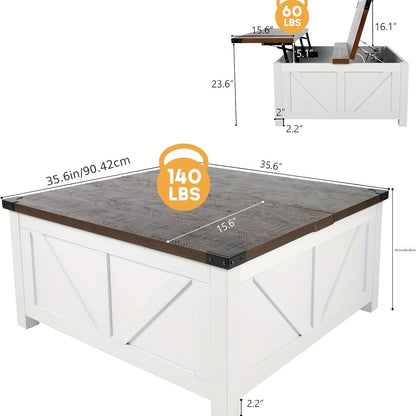 Farmhouse Lift Top Coffee Table with Storage, Wood Square Center Table with Charging Station&USB Ports, Living Room Central Table W/Large Hidden Space, for Living Room, Bedroom, Home Office