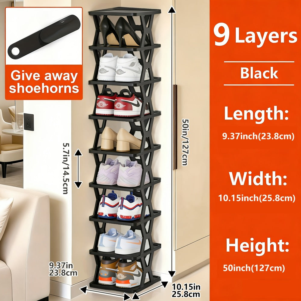 Stackable Shoe Organizer Rack 6 or 9 Tier Vertical Plastic Shoe Rack with Shoe Horn for Closet Hallway Entryway Bathroom Dorm Space Saving White Black