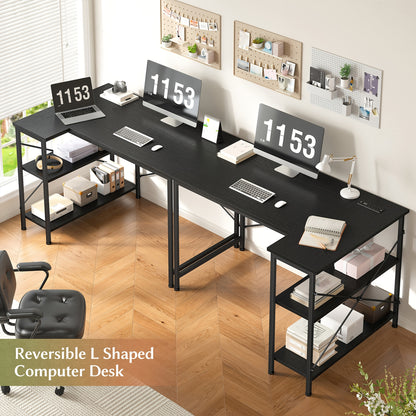 L Shaped Computer Desk with Power Outlets, Computer Desk with Storage Shelves, Home Office Corner Desk for Work, Writing Study Desk with Gaming Desk for Bedroom Office Dorm, L Shaped Desk, Desk, Desk, Computer Desk, Desk Gaming