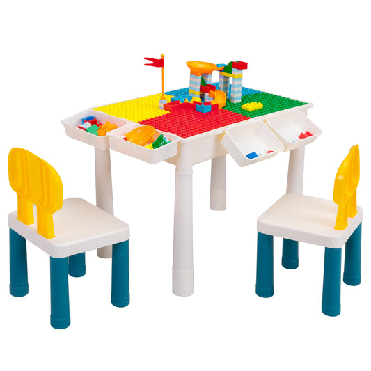 Kid Activity Table Set with 2 Chairs and 100Pcs Large Size Blocks, Compatible with Classic Blocks, Toddler Water Sand Table, Building Block Table for Boys Girls
