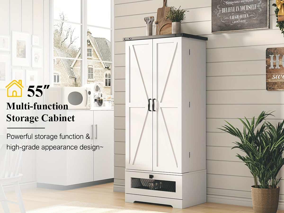 55'' Pantry Cabinet, Kitchen Pantry Storage Cabinet With Adjustable Shelves And Drawer, Wooden Kitchen Storage Cabinet, Buffet Cupboards Cabinet For Kitchen, Living Room, Bathroom, Dining Room