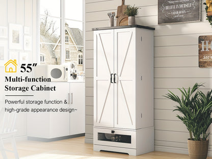 55'' Pantry Cabinet, Kitchen Pantry Storage Cabinet With Adjustable Shelves And Drawer, Wooden Kitchen Storage Cabinet, Buffet Cupboards Cabinet For Kitchen, Living Room, Bathroom, Dining Room