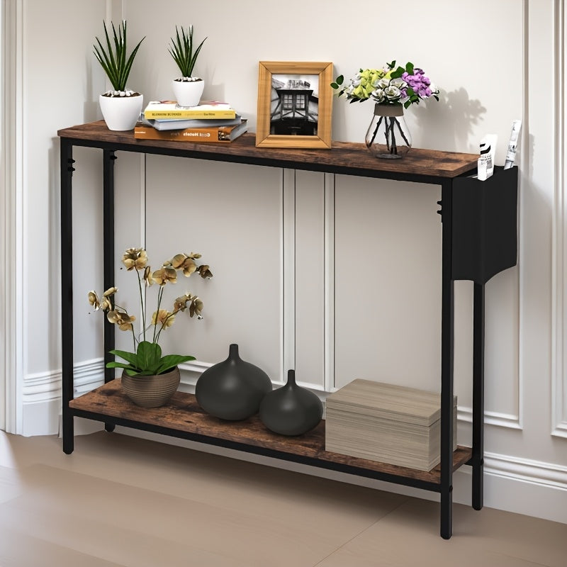 39.4-inch Rustic Brown Console Table - Solid Wood & Engineered Portable Entryway Sofa Table with Storage Shelf, Assembly for Hallway, Living Room, Bedroom - Suitable for, Office, Dorm - Space-Saving Furniture