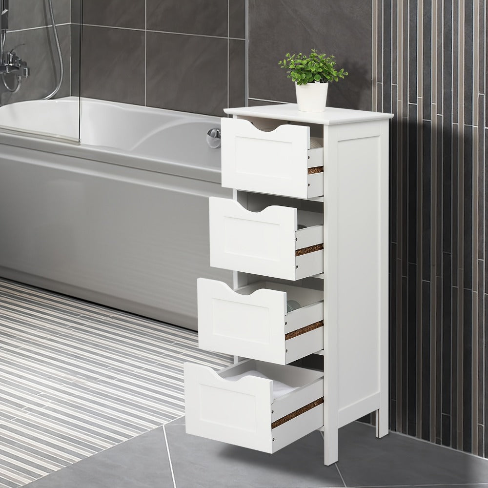 4 Drawer Storage Cabinet White Compact MDF Space Saving Drawer Unit for Bathroom Bedroom Closet Daily Organization