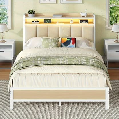 Bed Frame with Storage Headboard LED Lights and Charging Station Twin Full Queen King Heavy Duty Metal Slatted Base No Box Spring White Grey Cream
