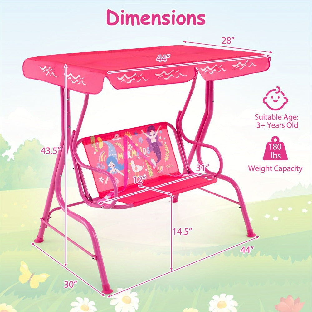 COSTWASY Kids Patio Swing, 2-Seater Swing Chair w/ Metal Stand & Adjustable Canopy, Outdoor Mini Swing w/ Safety Belts for Kids over 3, Porch Seating Solution, Adjustable Canopy Swing, Adjustable Canopy Design, Sturdy Metal Stand, Robust Swing Mechanism,