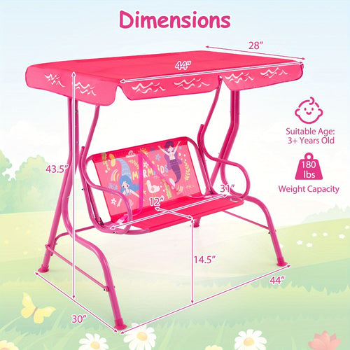 COSTWASY Kids Patio Swing, 2-Seater Swing Chair w/ Metal Stand & Adjustable Canopy, Outdoor Mini Swing w/ Safety Belts for Kids over 3, Porch Seating Solution, Adjustable Canopy Swing, Adjustable Canopy Design, Sturdy Metal Stand, Robust Swing Mechanism,
