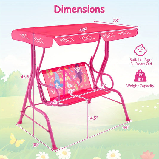 COSTWASY Kids Patio Swing, 2-Seater Swing Chair w/ Metal Stand & Adjustable Canopy, Outdoor Mini Swing w/ Safety Belts for Kids over 3, Porch Seating Solution, Adjustable Canopy Swing, Adjustable Canopy Design, Sturdy Metal Stand, Robust Swing Mechanism,