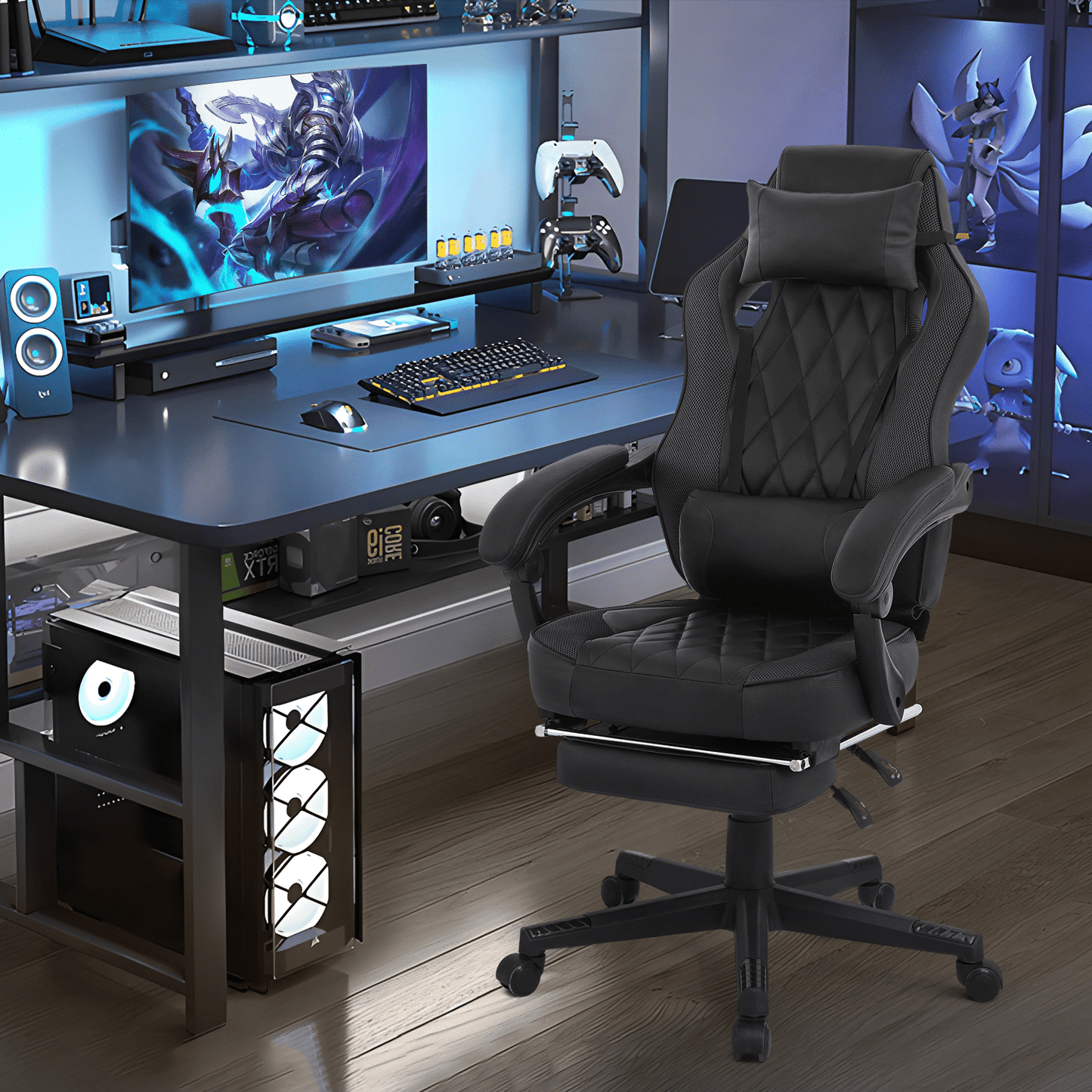 Ergonomic Gaming Chair with Retractable Footrest & Detachable Lumbar Support 360 Degree Swivel Racing Style PU Leather Computer Gaming Chair with Headrest for Home Bedroom Office