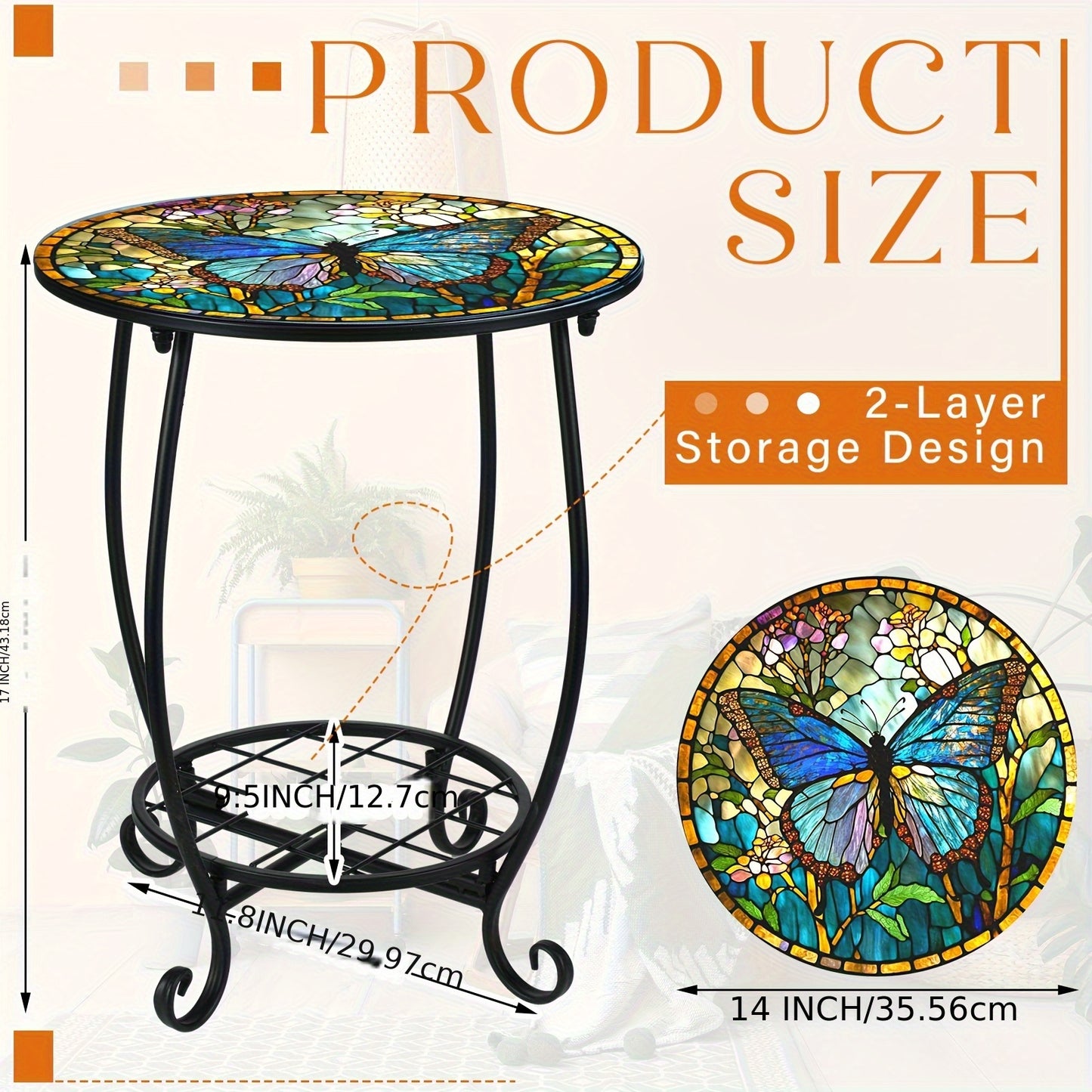 14 Outdoor Side Table Round Small Mosaic Patio Accent Indoor End Plant Metal Coffee Tea Table For Yard Porch Garden Patio Living Room, Bedroom(Butterfly Style, 14)