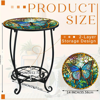 14 Outdoor Side Table Round Small Mosaic Patio Accent Indoor End Plant Metal Coffee Tea Table For Yard Porch Garden Patio Living Room, Bedroom(Butterfly Style, 14)