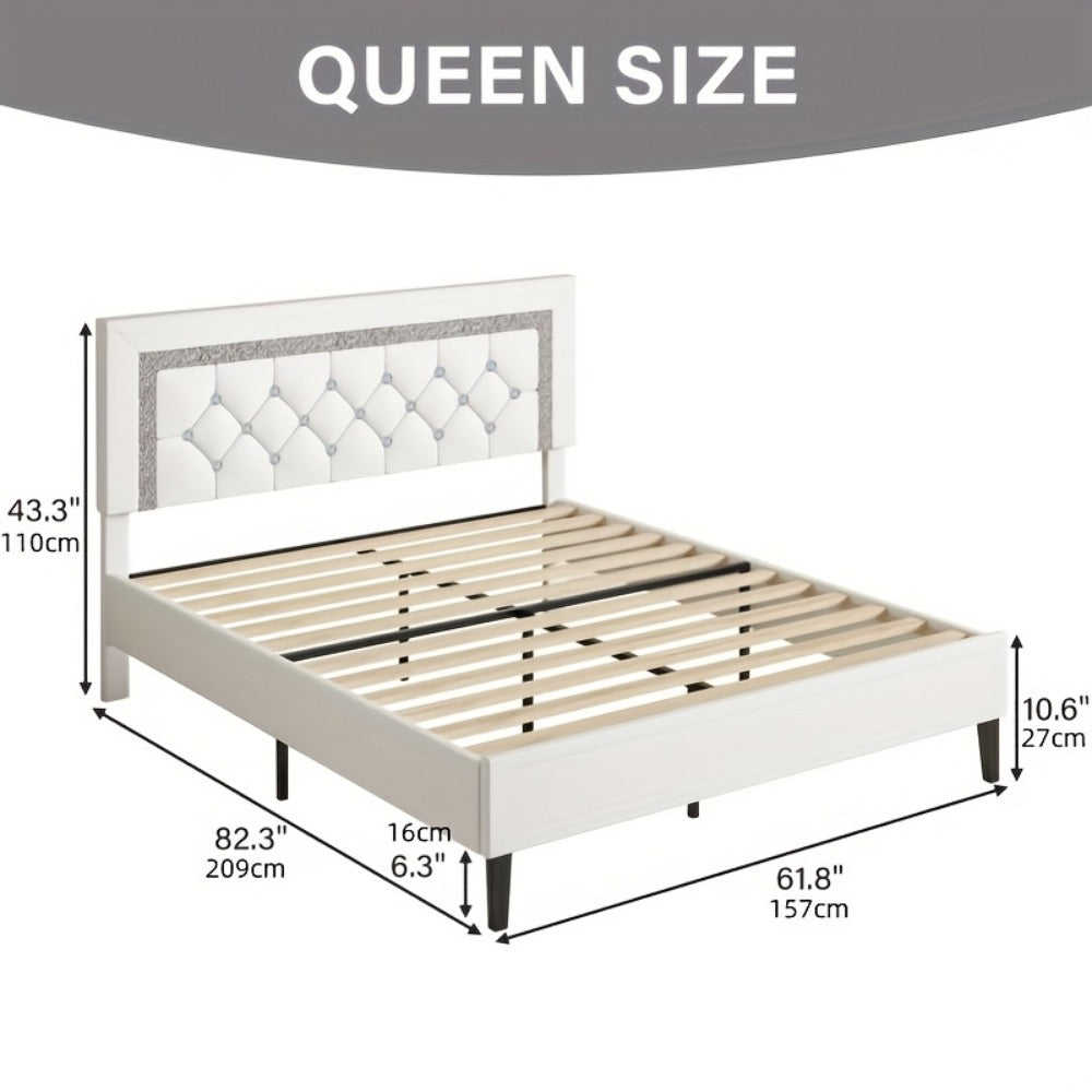 Princess Bed Frame with Diamond Tufted Headboard Twin Full Queen Soft PU Leather Wood Slats 900 lbs Capacity Easy Assembly Bedroom Furniture Pink White Black