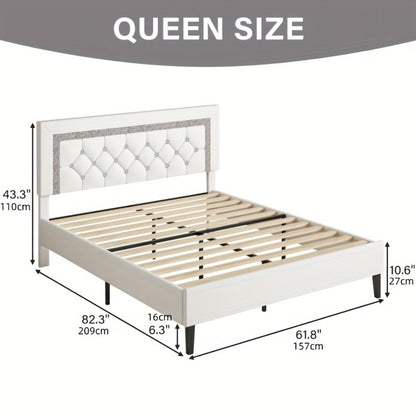 Princess Bed Frame with Diamond Tufted Headboard Twin Full Queen Soft PU Leather Wood Slats 900 lbs Capacity Easy Assembly Bedroom Furniture Pink White Black