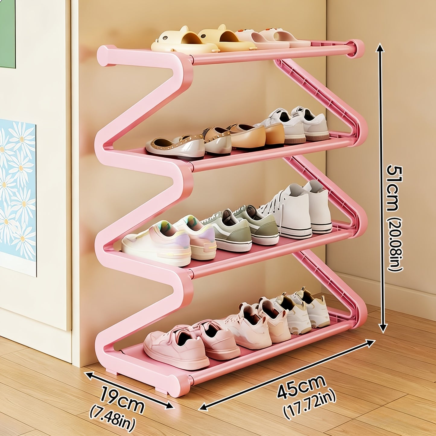 4-Tier Z-Shaped Shoe Rack, Durable Plastic Independent Storage Boxes, Curved Design, Multi-Function Storage Rack, Easy Assembly Freestanding Shoe Rack, No Tools Required, Compact Design, Suitable for Living Room Or Dorm, Stackable And Space-Saving