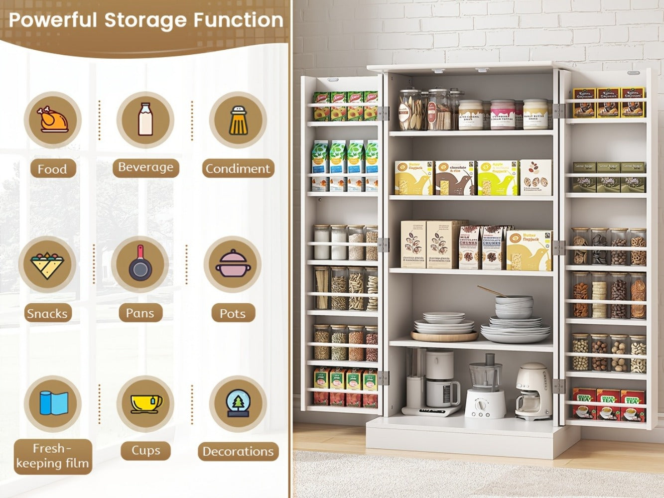47 Inch Freestanding Pantry Cabinet with Adjustable Shelves - Kitchen Storage Cabinet Buffet Sideboard for Dining Room and Living Room