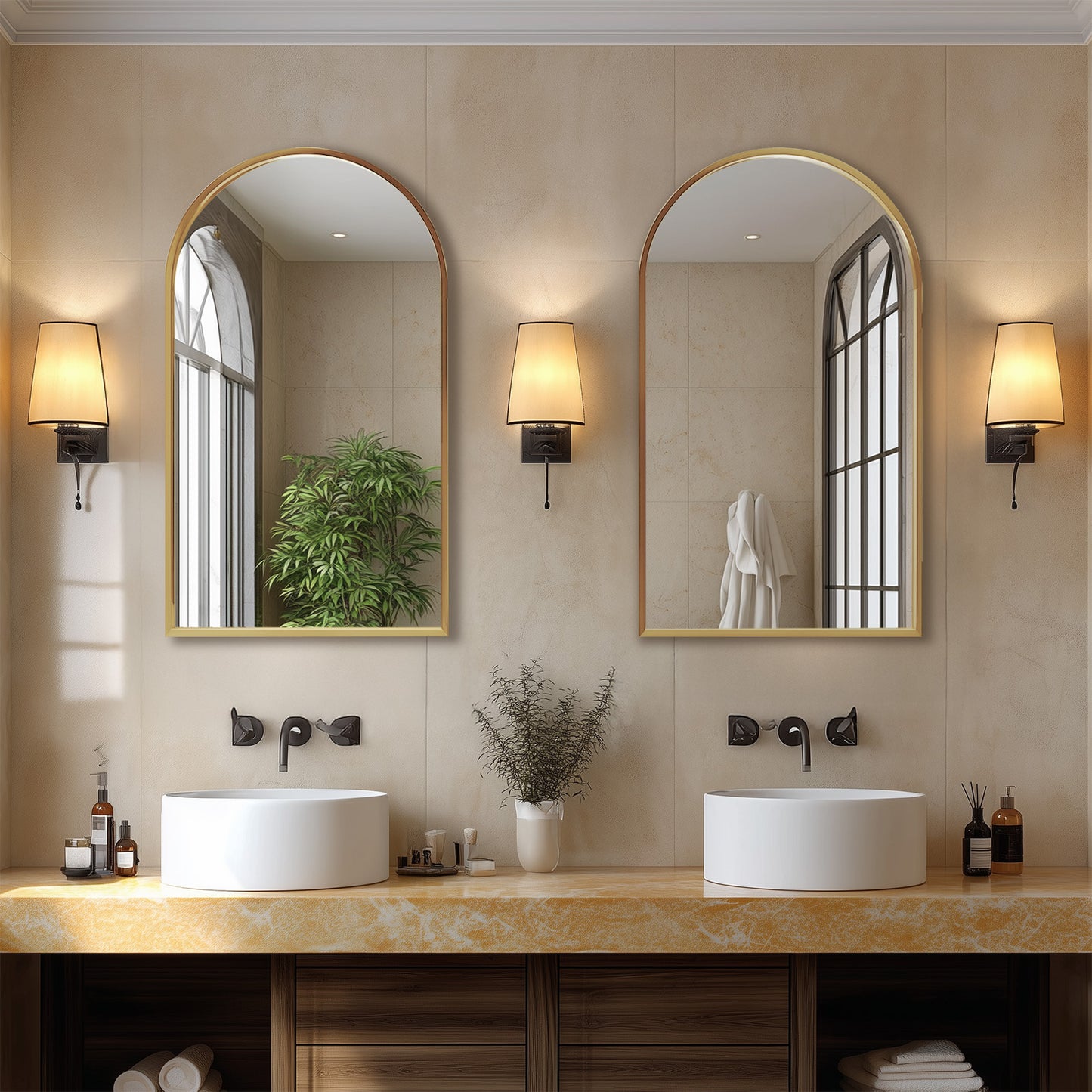 JHK Elegant Arched Bathroom Mirror, 22x 30/ 24x36/ 26x38 In Wall-mounted Vanity Makeup Mirror with Metal Frame, for Bedroom, Entryway, Living Room, Gold/Black
