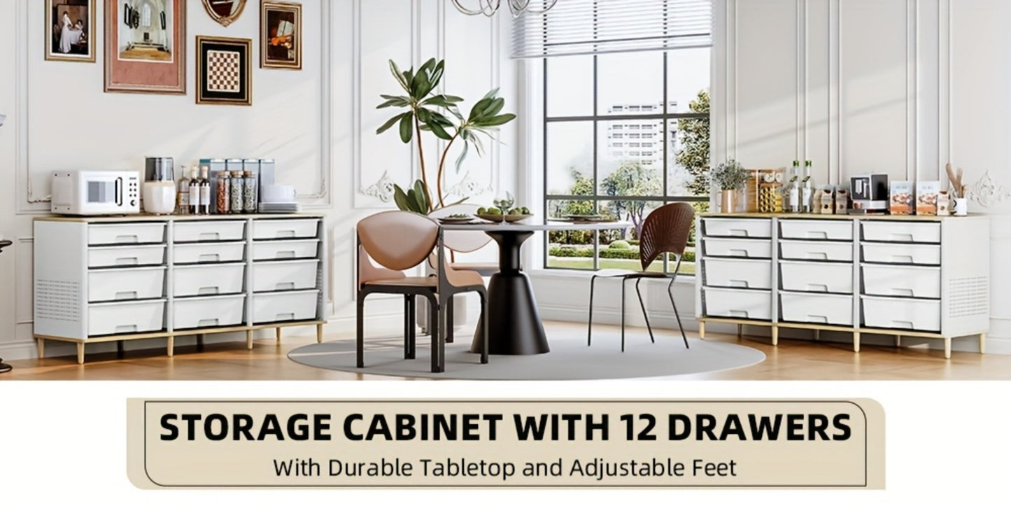 12-Drawer Storage Cabinet with Tabletop Cube Organizer for Home Office Living Room Bedroom Classroom Playroom Craft Room Rainbow White Purple Grey