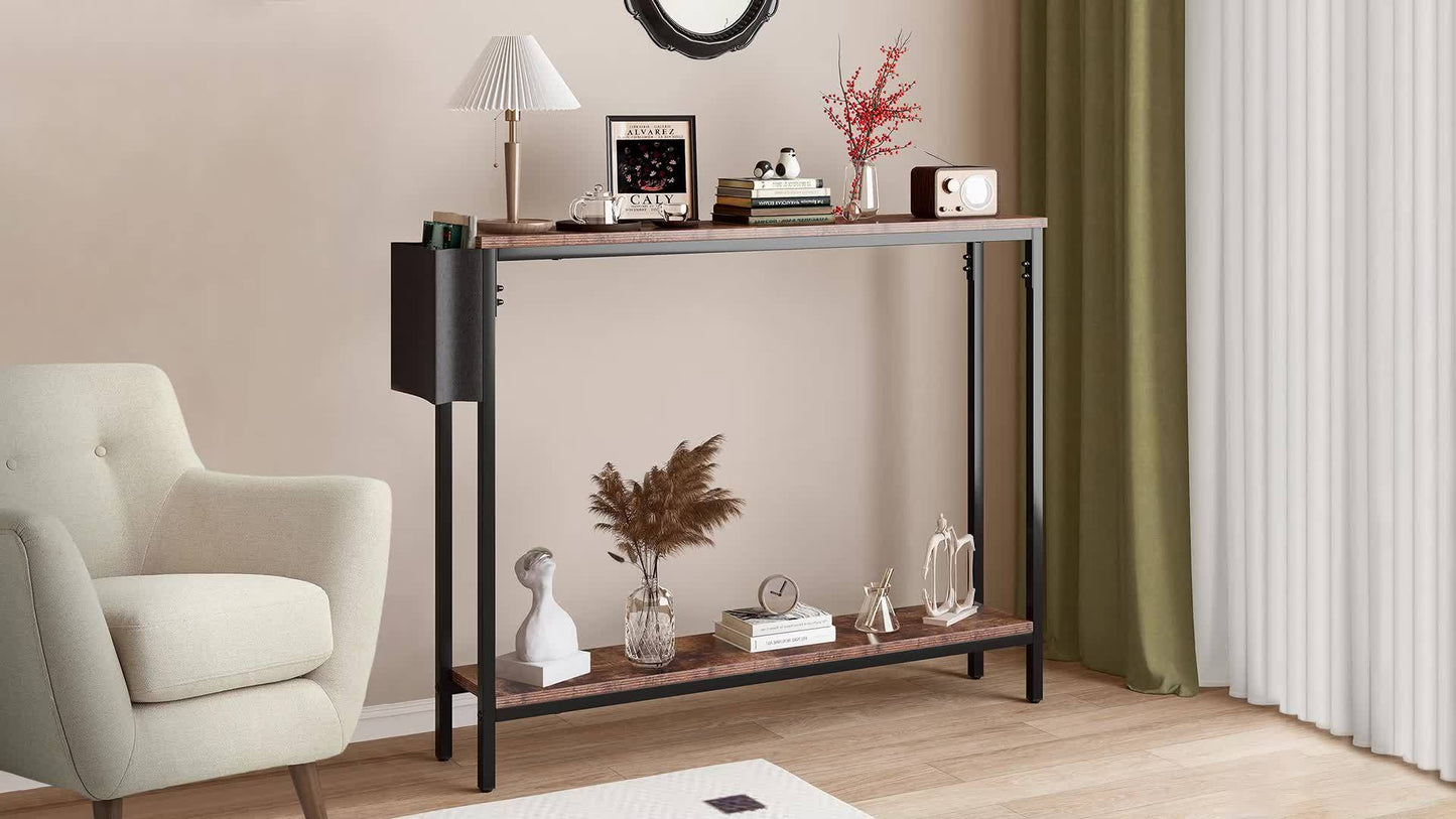 39.4-inch Rustic Brown Console Table - Solid Wood & Engineered Portable Entryway Sofa Table with Storage Shelf, Assembly for Hallway, Living Room, Bedroom - Suitable for, Office, Dorm - Space-Saving Furniture