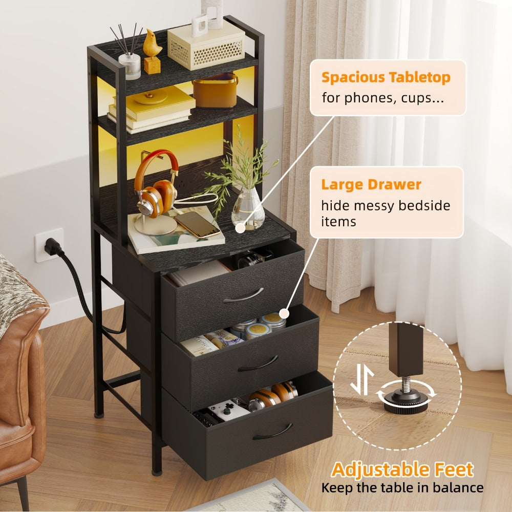 LED Nightstand with USB Ports Outlets Charging Station 41 47 Inch Tall Bedside Table 3 4 Drawer PU Fabric Storage Cabinet End Table for Bedroom Apartment Dorm Black Brown White