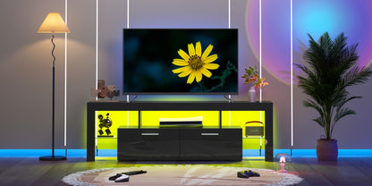 A Sleek LED TV Stand Designed for 55 to 80-Inch Televisions, Featuring a Universal Entertainment Center Equipped with Storage Drawers And LED Lighting. This Contemporary Media Console Is Suitable for Your Living Room, Game Room, Or Bedroom
