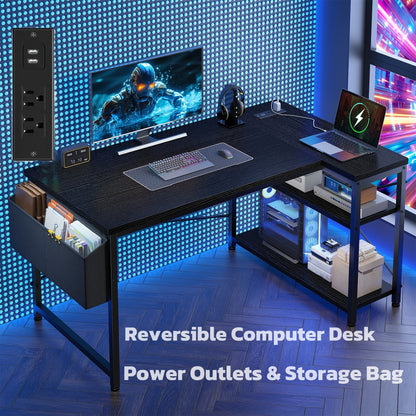 L Shaped Computer Desk with Power Outlets, Computer Desk with Storage Shelves, Home Office Corner Desk for Work, Writing Study Desk with Gaming Desk for Bedroom Office Dorm, L Shaped Desk, Desk, Desk, Computer Desk, Desk Gaming