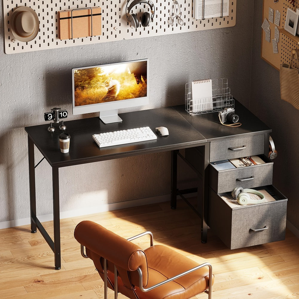Computer Desk with 3 Fabric Drawers & Hook for Small Space – Home Office Writing Study Table with File Storage, 40"/48" White & Black Bedroom Desk