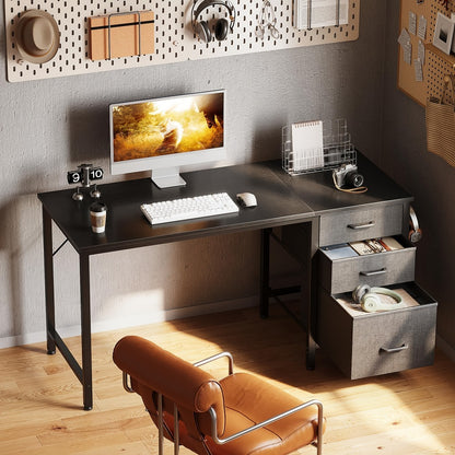 Computer Desk with 3 Fabric Drawers & Hook for Small Space – Home Office Writing Study Table with File Storage, 40"/48" White & Black Bedroom Desk